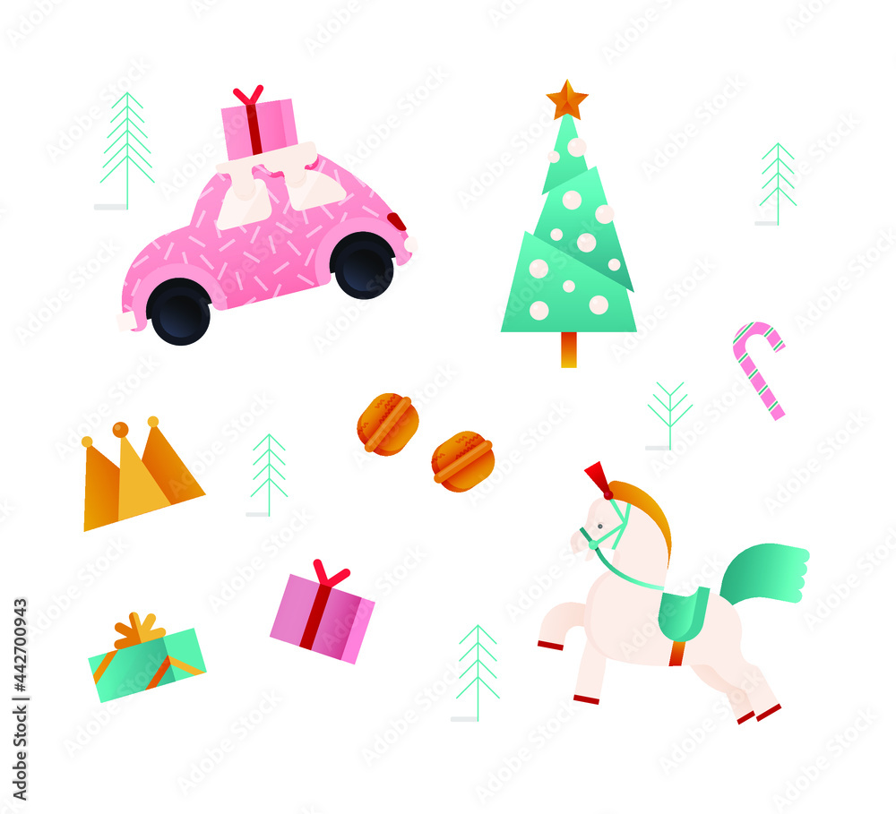 Vector Set Illustrations of Flat Cute Car with Gift on Top, Toy Horse, Walnuts, Crown, Gifts, Candy, Christmas Tree. Funny Stickers. Winter tale. Happy New Year and Merry Christmas. Vector Set Illustrations of Flat Cute Car with Gift on Top, Toy Horse, Walnuts, Crown, Gifts, Candy, Christmas Tree. Funny Stickers. Winter tale. Happy New Year and Merry Christmas.