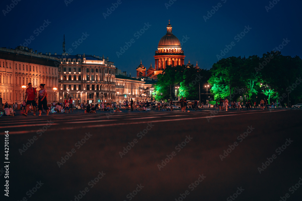 View of St. Isaac's Cathedral at night in St. Petersburg. Saint Petersburg, Russia - 22 June 2021
