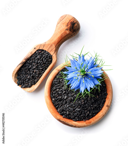 Fényképezés Black cumin seeds with nigella sativa flower