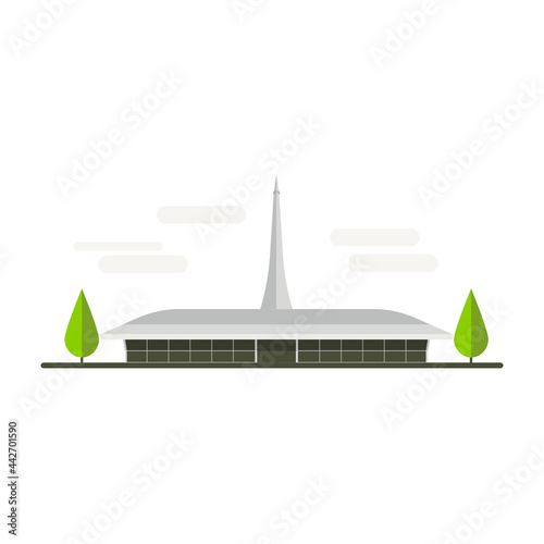 Cartoon symbols of Moscow, Russia. Popular tourist architectural object: Memorial Museum of Cosmonautics.