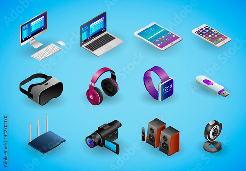 Realistic gadgets, digital devices, pc 3d icons in isometry isolated on blue background. Big vector set of isomectric devices. Camera, webcam, smartphone, laptop, smartwatch, virtual reality glasses