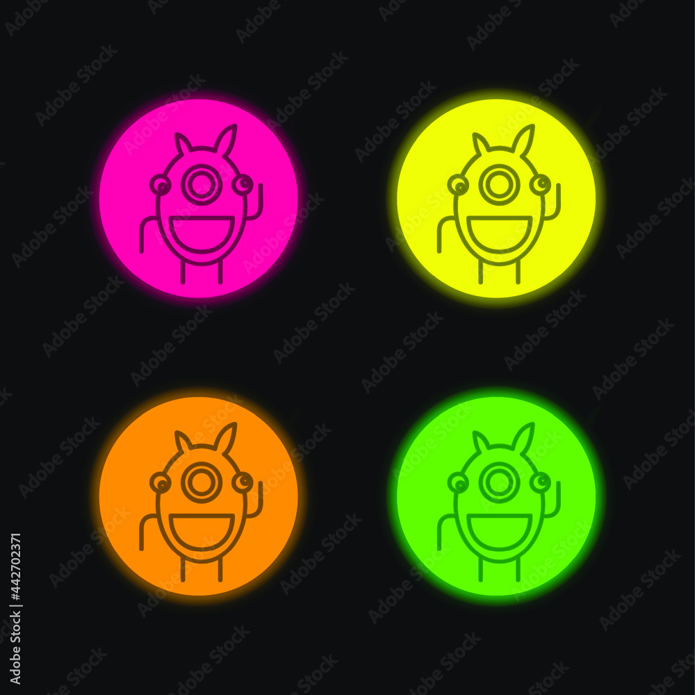 Obraz premium Alien Outline In A Circle four color glowing neon vector icon