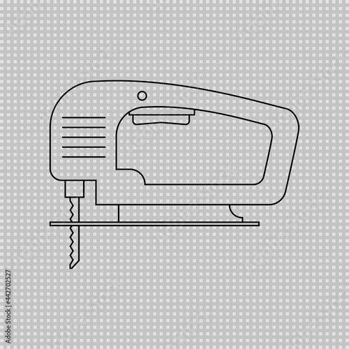 Electric wood jig saw. Carpentry jigsaw. Power tool. Transparent linear outline vector drawing on white background.