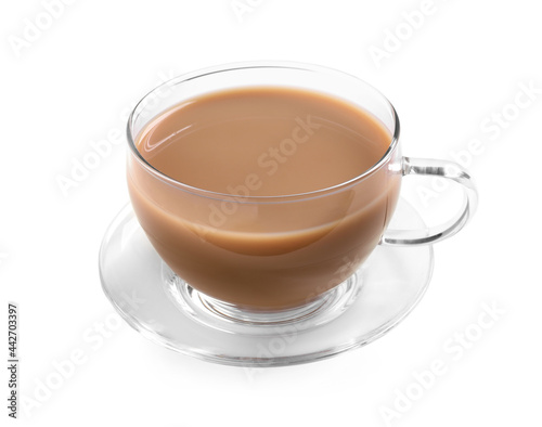 Delicious tea with milk on white background