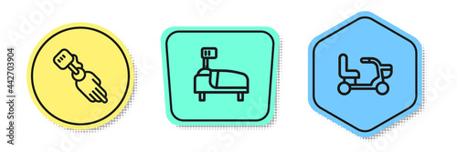 Set line Prosthesis hand, Hospital bed and Electric wheelchair. Colored shapes. Vector