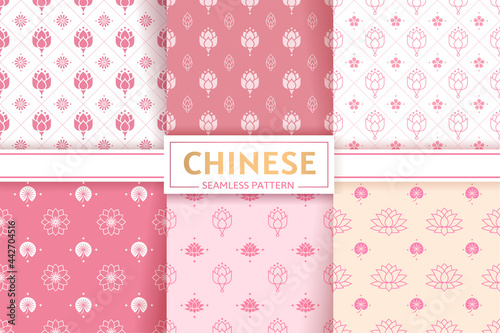 Chinese seamless patterns. Vector set. Floral textures. Lotus flowers and leaves. Ornament and texture in pastel pink light colors. Oriental japanese asian background.