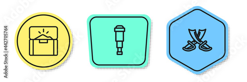 Set line Antique treasure chest, Spyglass telescope lens and Crossed pirate swords. Colored shapes. Vector