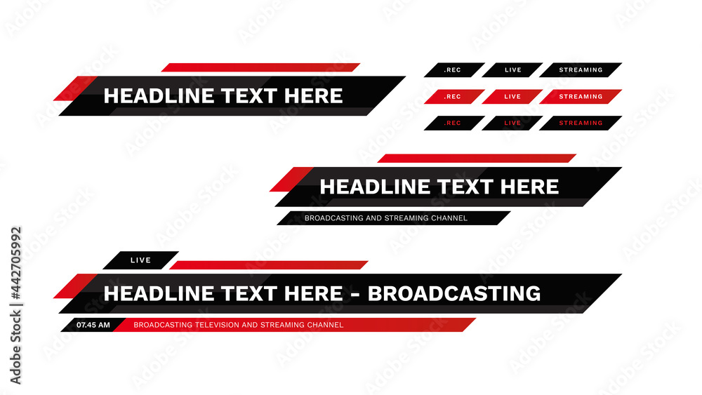 News bar lower thirds pack. set vector video strip title red banner background overlay