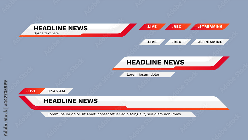 Lower third design template. Set of TV banners and bars for news and sport channel, streaming and broadcasting. Vector illustration. - obrazy, fototapety, plakaty 