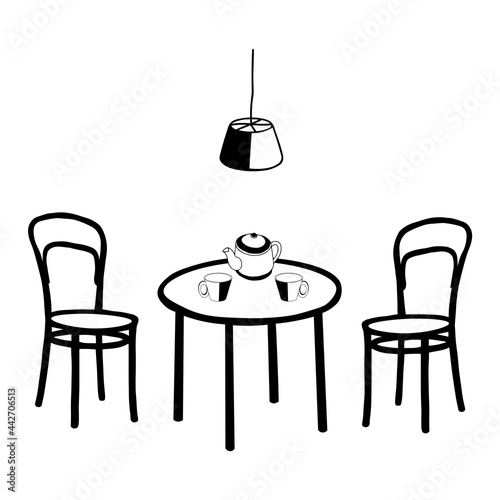 Black Vector outline illustration of a dining room with a table and kettle cups and a pair of chairs and a electric lamp on a white wall background