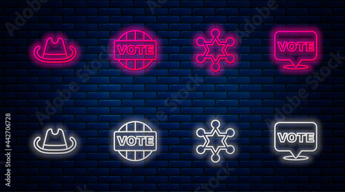 Set line Vote, Hexagram sheriff, Western cowboy hat and . Glowing neon icon on brick wall. Vector
