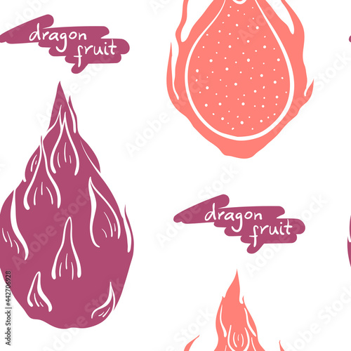 Seamless pattern with dragon fruit, pitaya. Colorful paper cut culinary herbs isolated on white background. Doodle hand drawn vector illustration