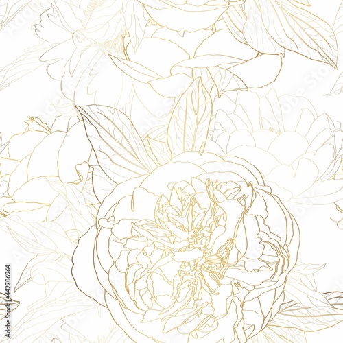 Roses peony. Floral vintage seamless pattern. Gold  flowers, leaves, branches on white background. Illustration art for textiles, paper design.