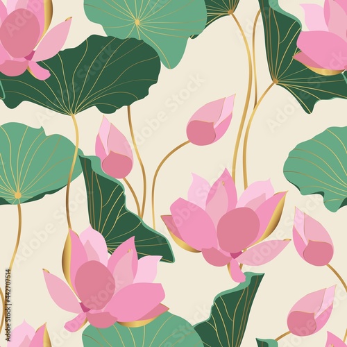 Green, pink abstract golden lotus flowers and leaves, simple line arts on white background. Wallpaper design for prints, banner, fabric, poster.