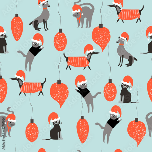 Christmas seamless pattern with funny pets such as cats and dogs with santa hats and Christmas toys. Vector illustration