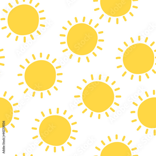 Seamless pattern with cute cartoon yellow shiny suns. Funny vector print sun for kids textile design, wrapping paper, surface, wallpaper, background. Simple summer vector illustration.
