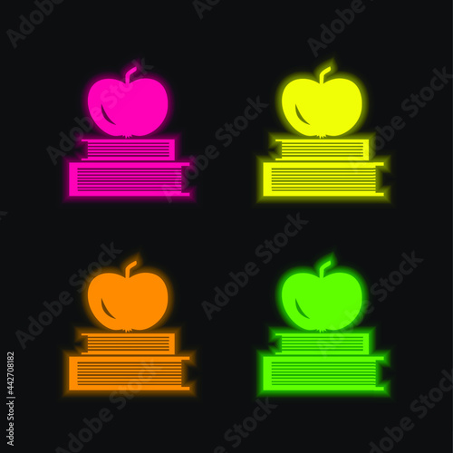 Books And Apple On Top four color glowing neon vector icon