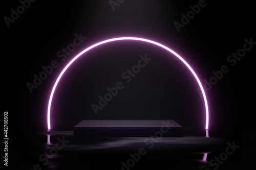 Blank luxury black gradient background with circle pink neon light and product display platform. Empty studio with rectangle podium pedestal and neon backlight on a black backdrop. 3D rendering