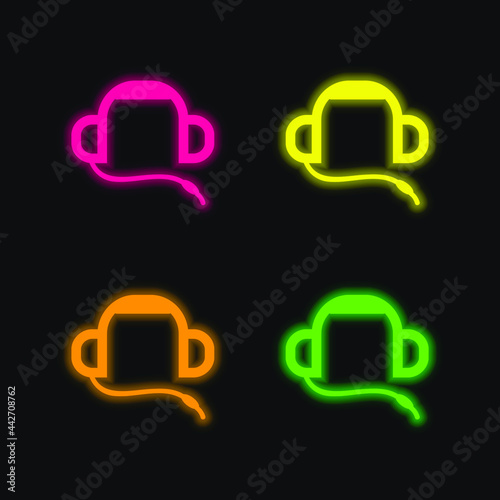 Auriculars four color glowing neon vector icon