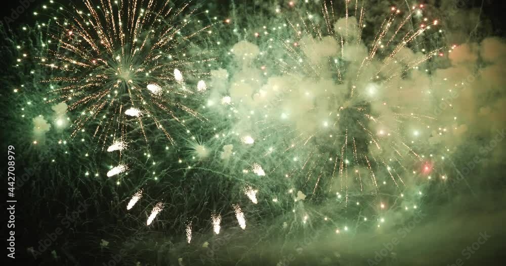 Green Firework celebrate anniversary happy new year 2022, 4th of july holiday festival. Green firework in night time celebrate national holiday. Countdown to new year 2022 festival party time event