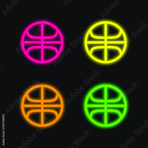 Basketball Ball Outline four color glowing neon vector icon