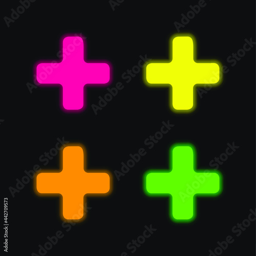 Addition Plus Sign four color glowing neon vector icon