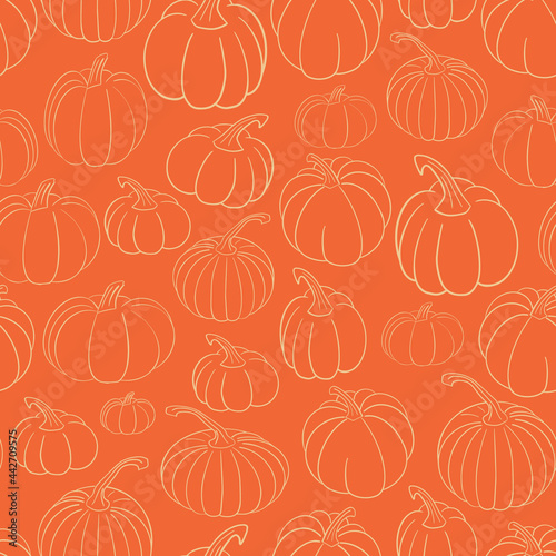 Cute fall vector seamless pattern, bright background with various hand drawn pumpkins in outline on vivid orange backdrop. Aesthetic season texture for Halloween, Thanksgiving cards, wallpaper © Caelestiss