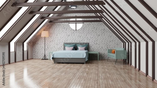 3D Animation of a bedroom in an attic apartment photo
