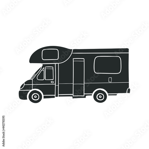 Motorhome Vehicle Icon Silhouette Illustration. Camp Adventure Vector Graphic Pictogram Symbol Clip Art. Doodle Sketch Black Sign.