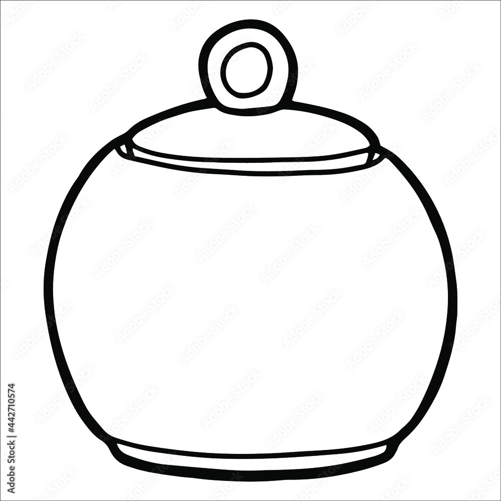 Sugar bowl. Tea set element. Coloring page. Black outline. 