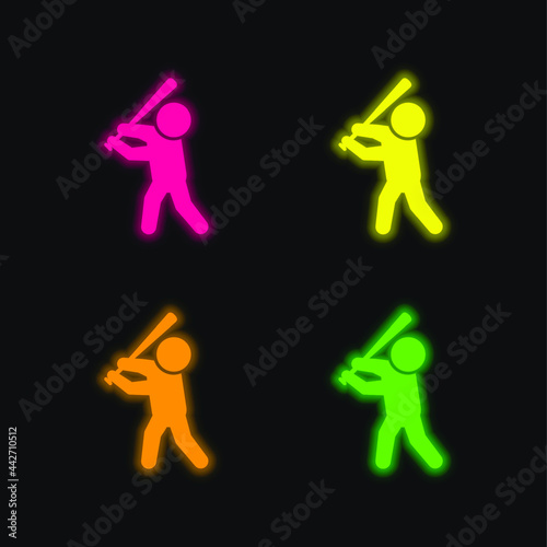 Baseball Bat four color glowing neon vector icon