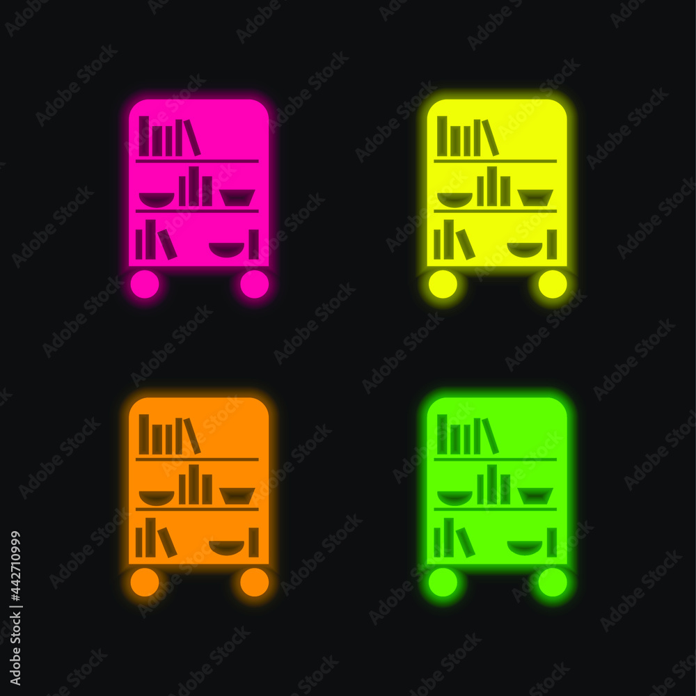 Bedroom Library Of Wheels With Books four color glowing neon vector icon Bedroom Library Of Wheels With Books four color glowing neon vector icon