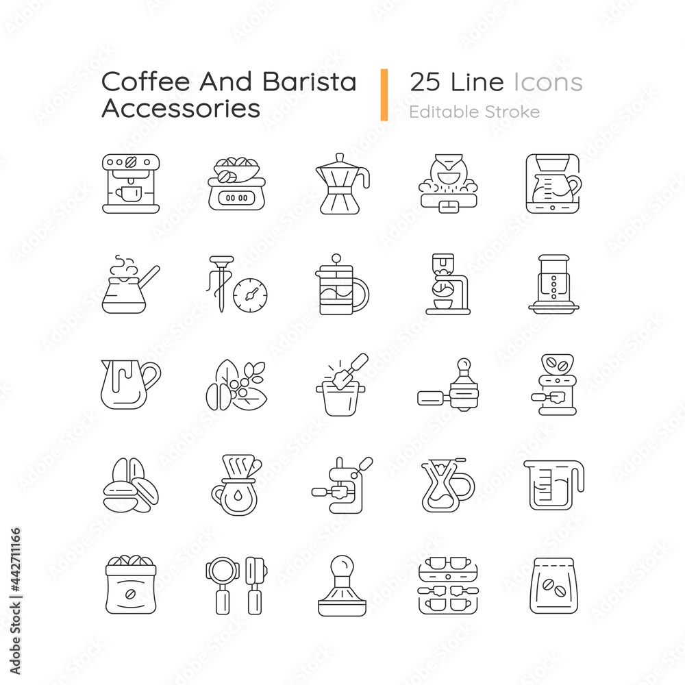 Coffee and barista accessories linear icons set. Drip machine. French press. Cafe appliance. Customizable thin line contour symbols. Isolated vector outline illustrations. Editable stroke Coffee and barista accessories linear icons set. Drip machine. French press. Cafe appliance. Customizable thin line contour symbols. Isolated vector outline illustrations. Editable stroke