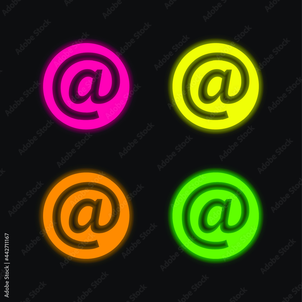 At Symbol Inside A Circle four color glowing neon vector icon