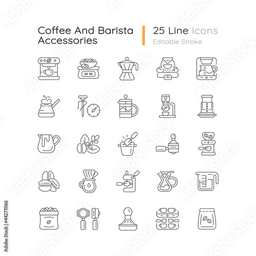 Coffee and barista accessories linear icons set. Drip machine. French press. Cafe appliance. Customizable thin line contour symbols. Isolated vector outline illustrations. Editable stroke