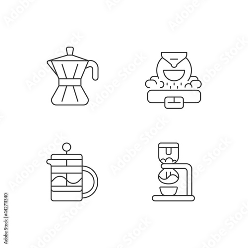 Coffee making appliance linear icons set. Moka pot. Professional commercial roaster for beans. Customizable thin line contour symbols. Isolated vector outline illustrations. Editable stroke
