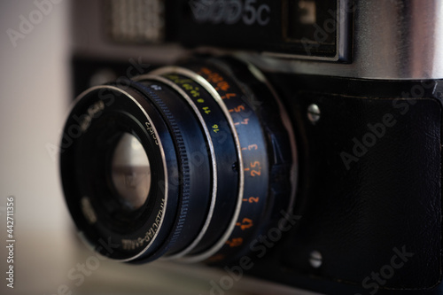Retro film photo camera. Old retro 35mm film camera soviet.