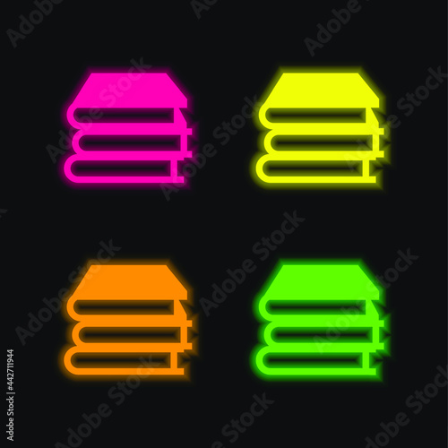 Books Stack four color glowing neon vector icon