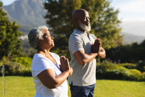 Senior african american couple meditating and practicing yoga with eyes closed in countryside