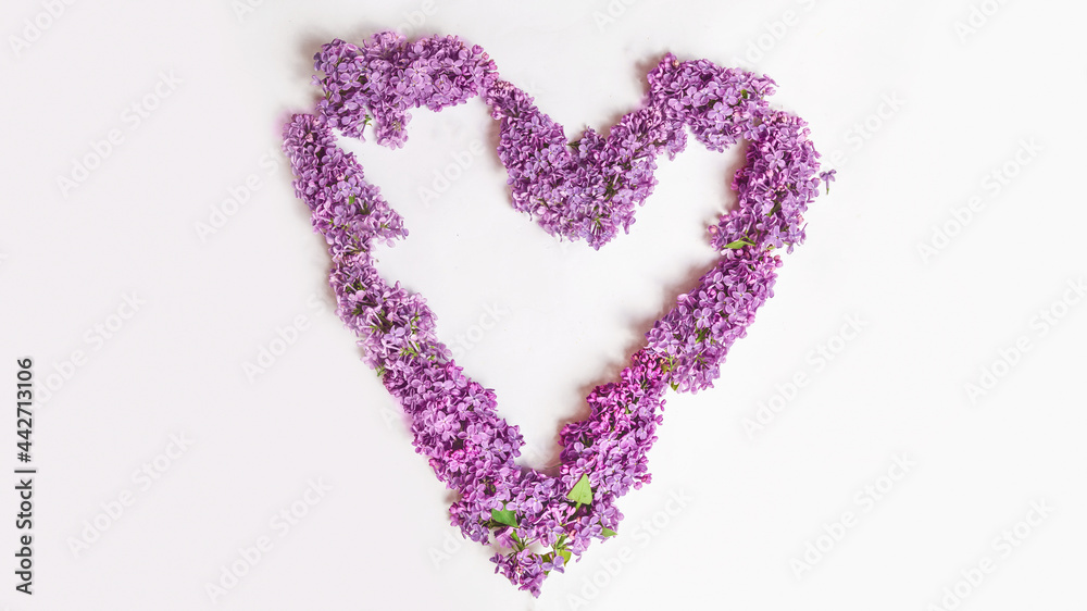 Womens day, Mothers day, Valentines day. spring background. heart of lilac flowers on white background, copy space