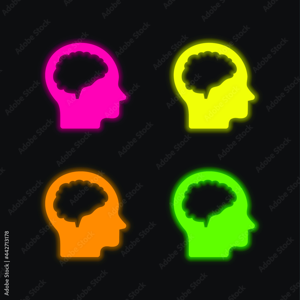 Brain And Head four color glowing neon vector icon