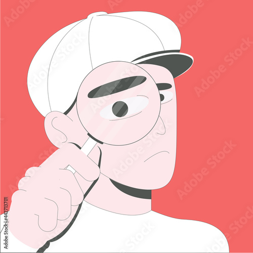 Detective man with Shelock Holme hat looking through magnifying glass