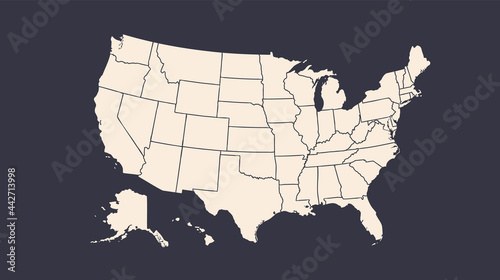 USA. Poster map of United States of America. Black and white print map of USA for t-shirt, poster or geographic theme. Hand-drawn black map. Vector Illustration