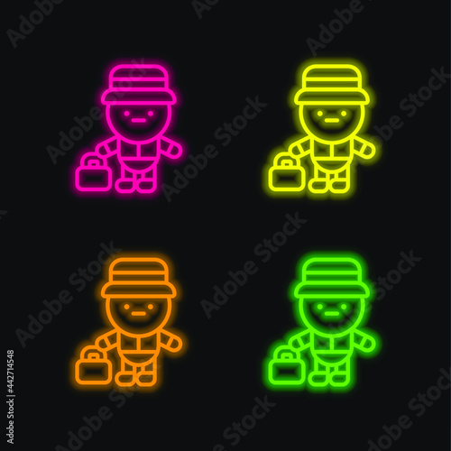 Bell Boy four color glowing neon vector icon