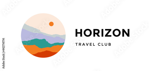 Logo, logotype, sign. Horizon, travel club. Logo with abstract landscape mountain, sky and sunset view. Minimalist style landscape view, mountain, hill and sun. Abstract style. Vector Illustration