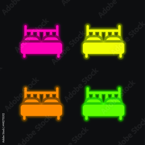 Bed four color glowing neon vector icon