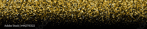 Golden Explosion Of Confetti. Gold Glitter Texture Isolated On Black. Panoramic Background. Wide Horizontal Long Banner For Site. Celebratory Background. Vector Illustration  Eps 10.