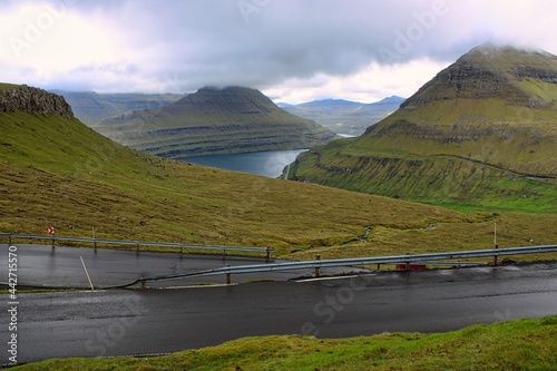 Viewing point though the fjords of Faroe  close to the village of Funningur