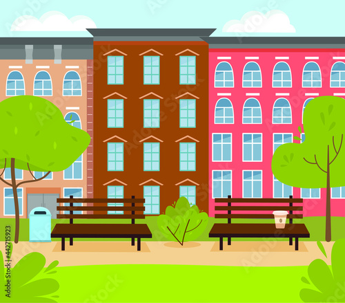 A city park with a bench, trees, grass, flowers, coffee, against the background of multi-storey buildings. Vector illustration in a flat style