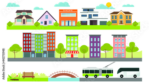 Fototapeta Naklejka Na Ścianę i Meble -  A set of city and country houses with transport and nature. Vector illustration in a flat style